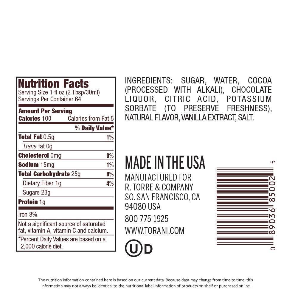 Torani Puremade Dark Chocolate Sauce bottle pour highlights smooth drizzle for desserts.