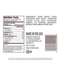 Torani Puremade Dark Chocolate Sauce bottle pour highlights smooth drizzle for desserts.