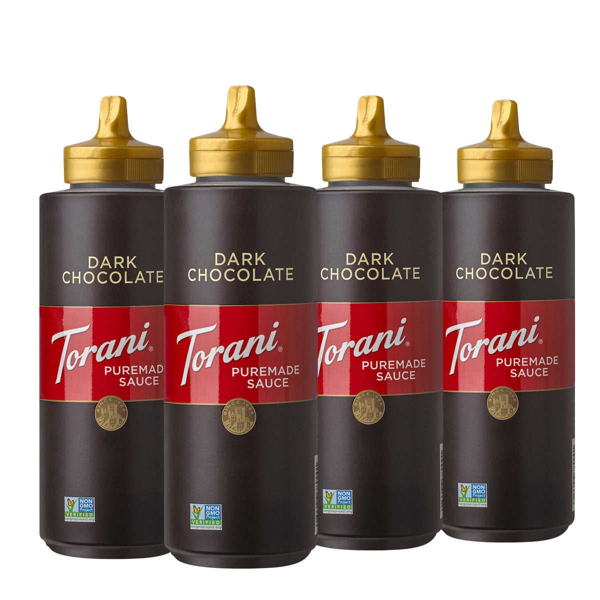 Torani Puremade Dark Chocolate Sauce bottle with rich, velvety flavor for desserts.