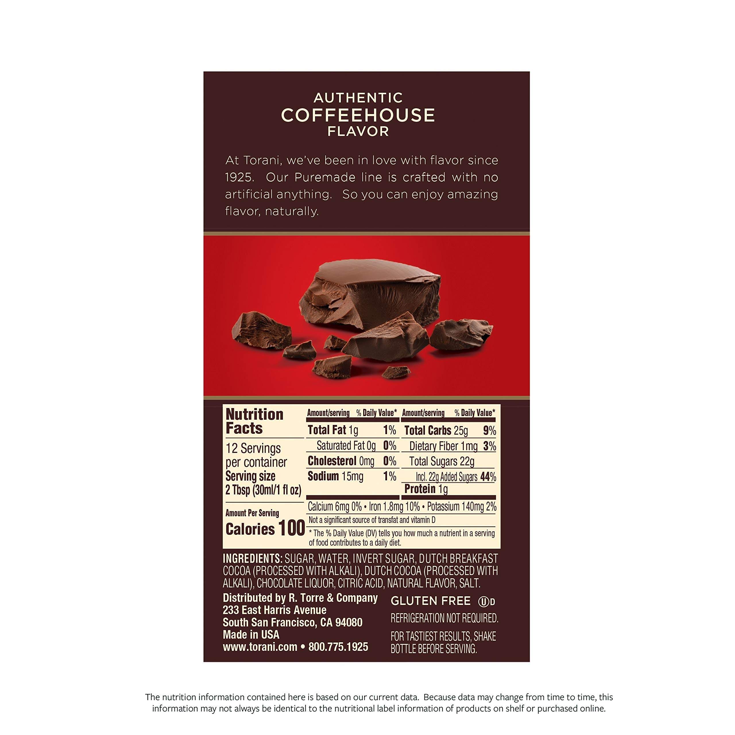 Torani Puremade Dark Chocolate Sauce being poured over a hot mocha.