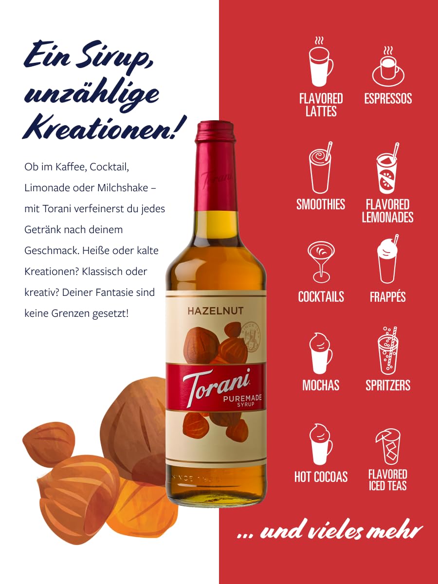 Torani Puremade Hazelnut Syrup close-up texture highlights natural flavors