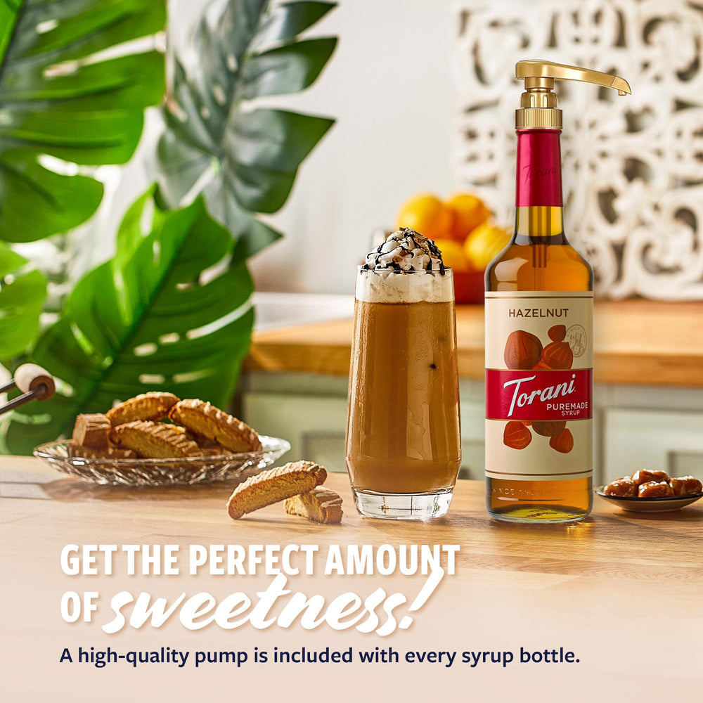 Torani Puremade Hazelnut Syrup in cafe scene enhances coffee flavor.