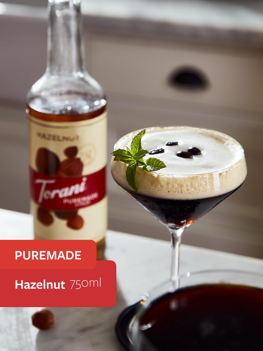 Torani Puremade Hazelnut Syrup glass bottle front for elegant display