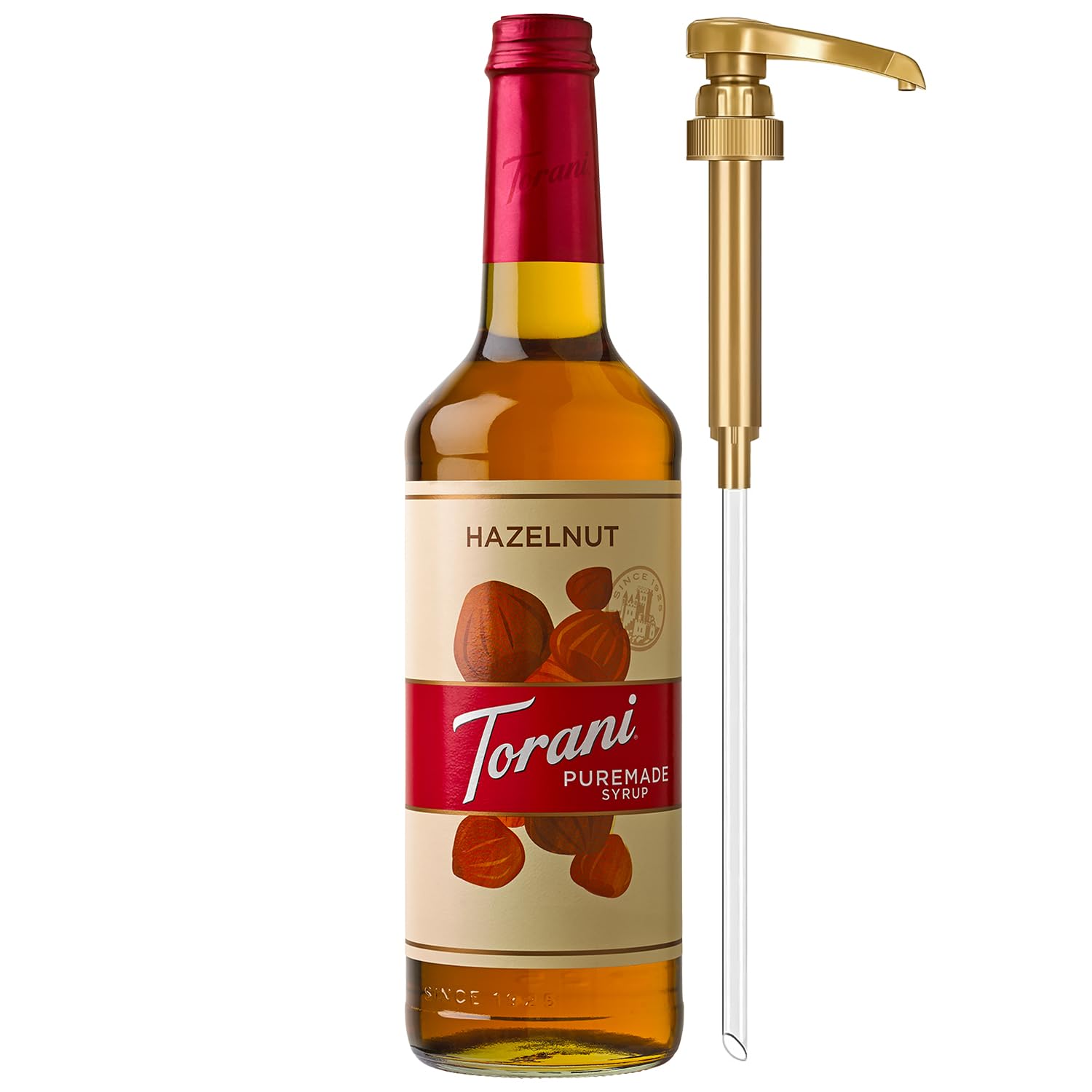 Torani Puremade Hazelnut Syrup glass bottle with pump for easy, mess-free flavoring.