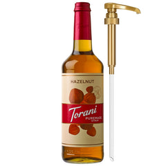 Torani Puremade Hazelnut Syrup glass bottle with pump for easy, mess-free flavoring.