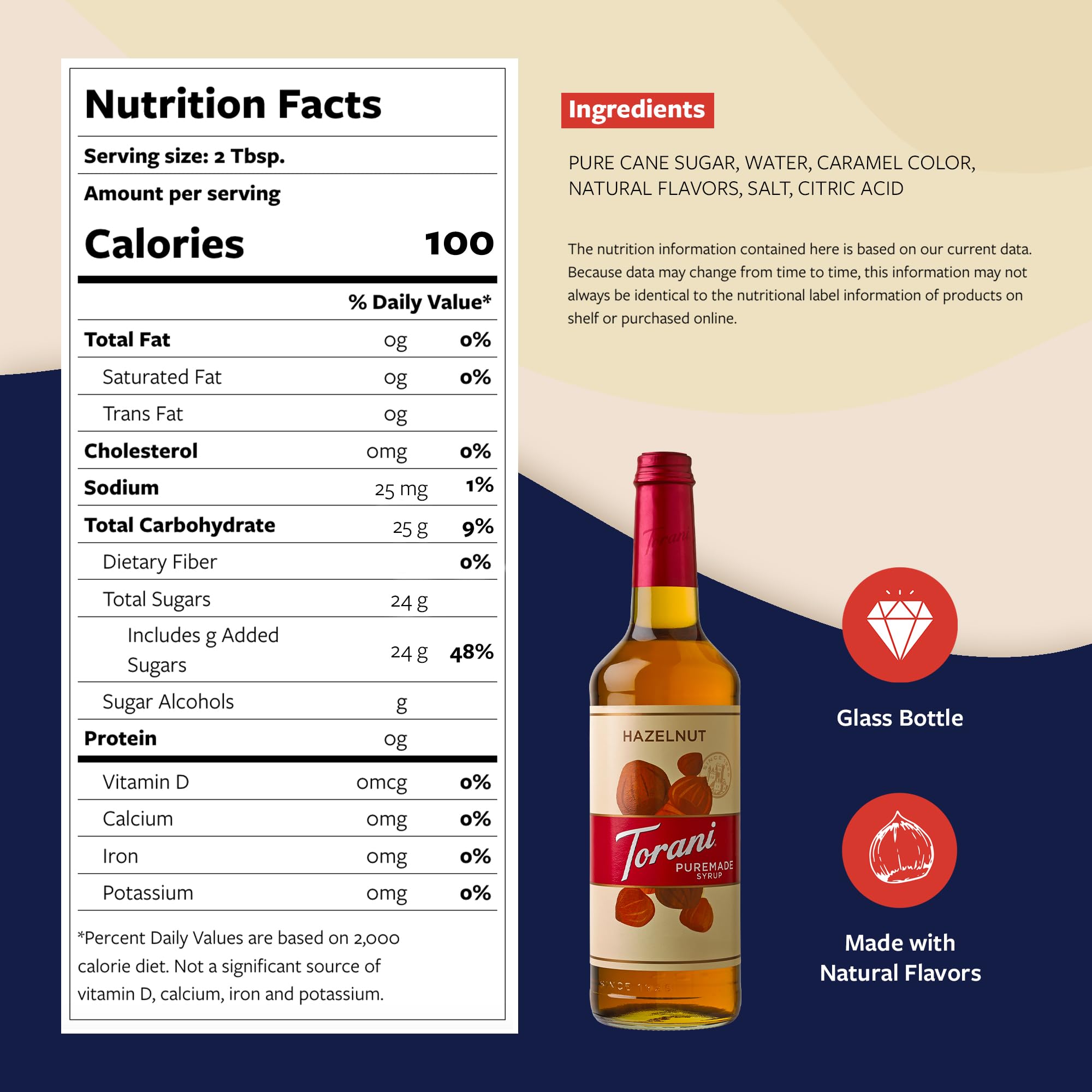 Torani Puremade Hazelnut Syrup pump enables controlled pouring.