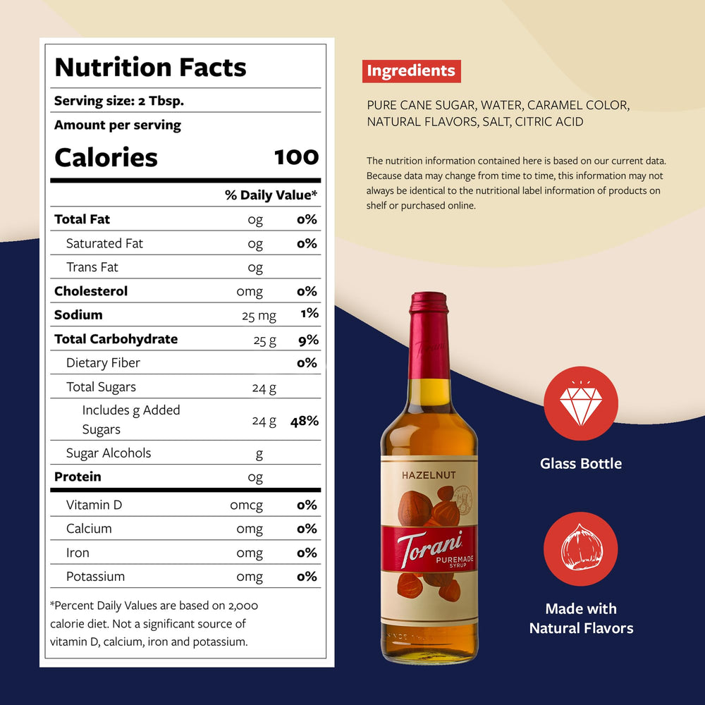 Torani Puremade Hazelnut Syrup pump enables controlled pouring.