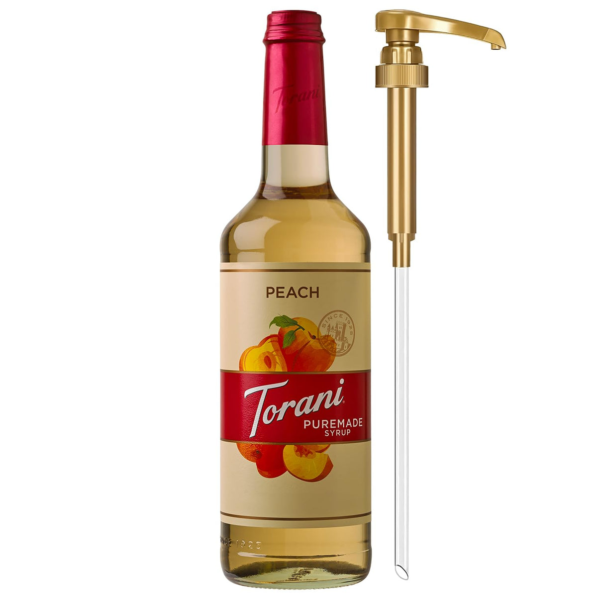 Torani Puremade Peach Syrup bottle with pump for convenient use