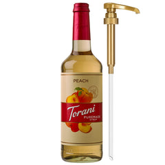 Torani Puremade Peach Syrup bottle with pump for convenient use