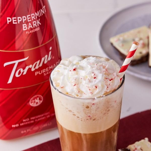 Torani Peppermint Bark mocha topping boosts coffee with peppermint richness.