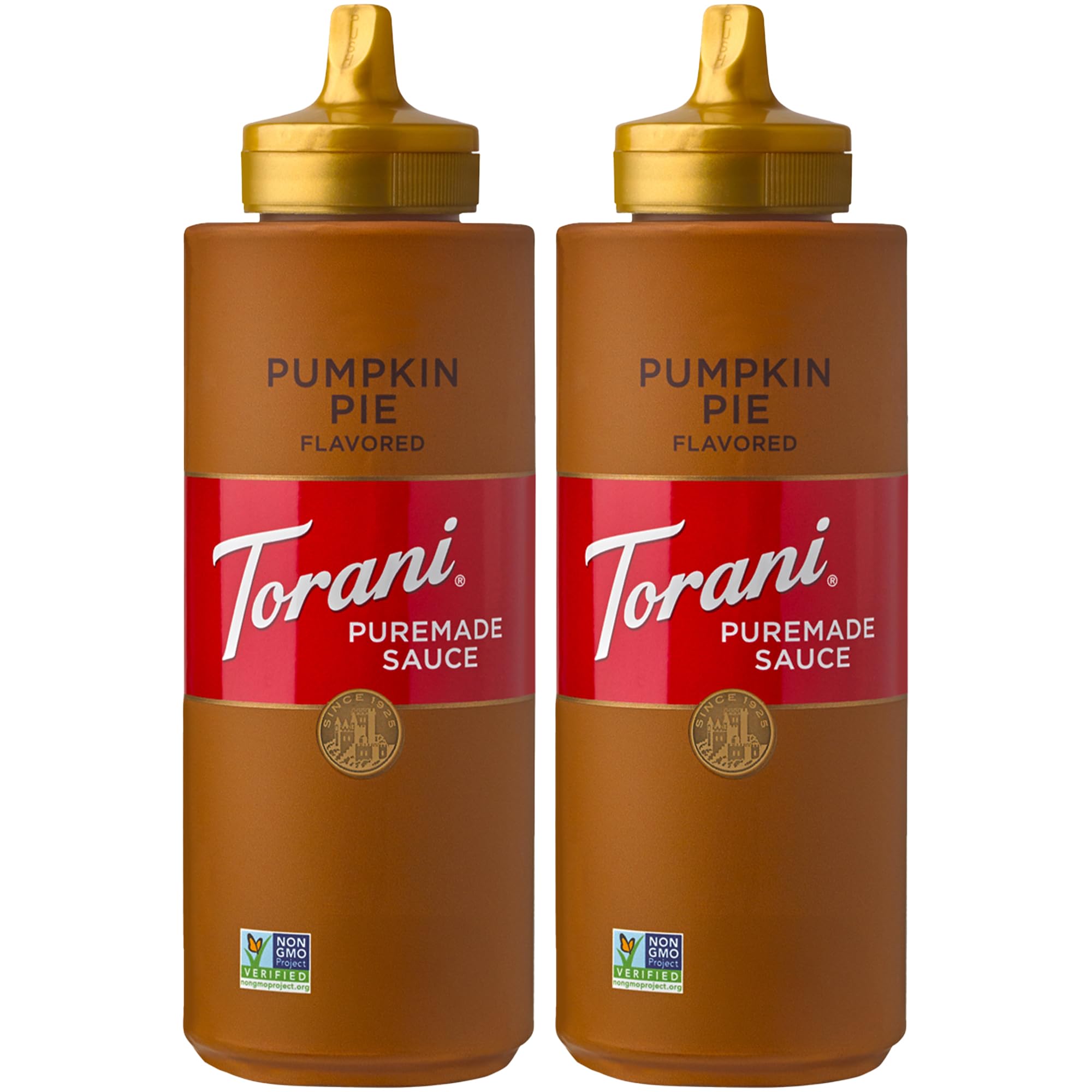 Torani Puremade Pumpkin Pie Sauce bottle close-up highlighting rich pumpkin spice flavor.