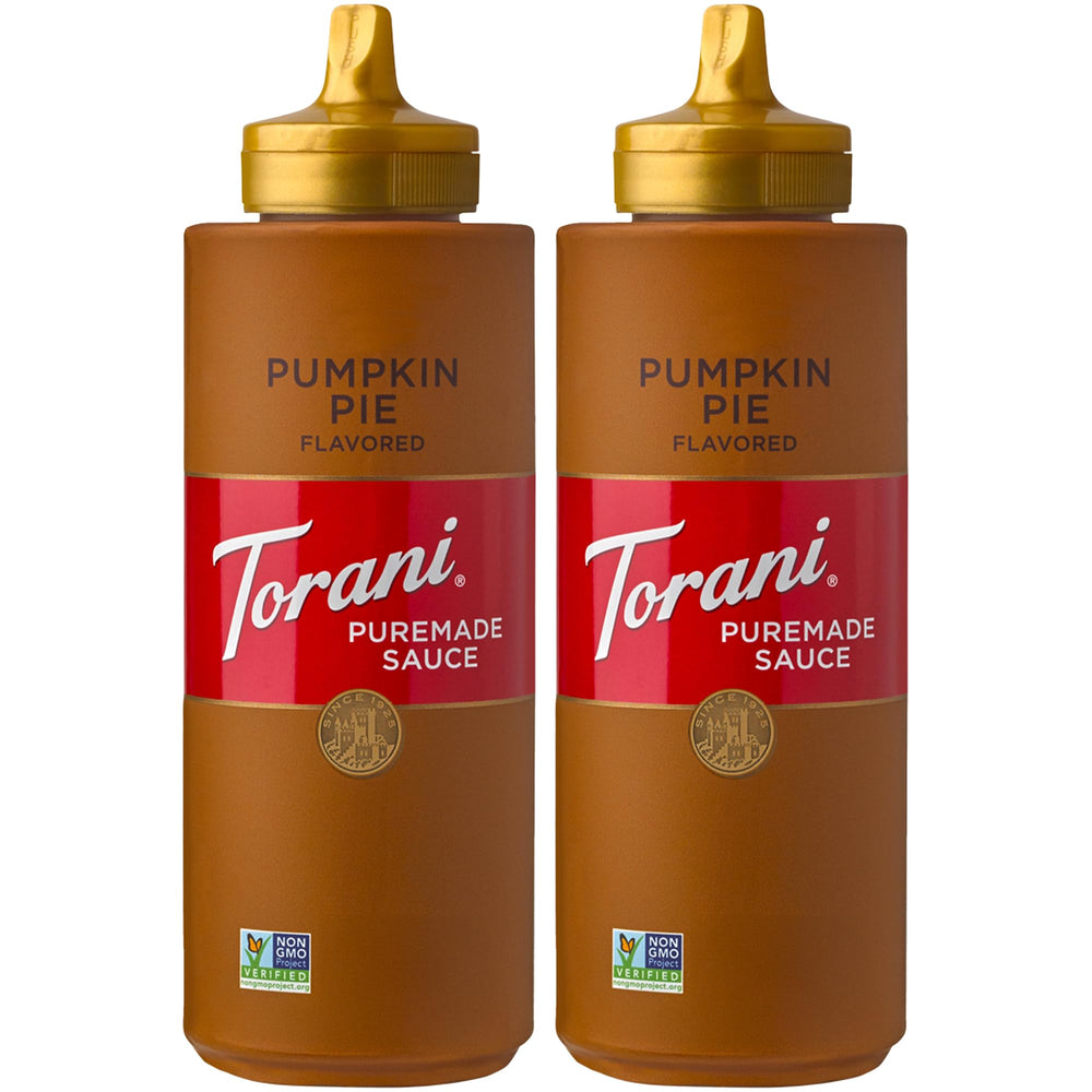 Torani Puremade Pumpkin Pie Sauce bottle close-up highlighting rich pumpkin spice flavor.