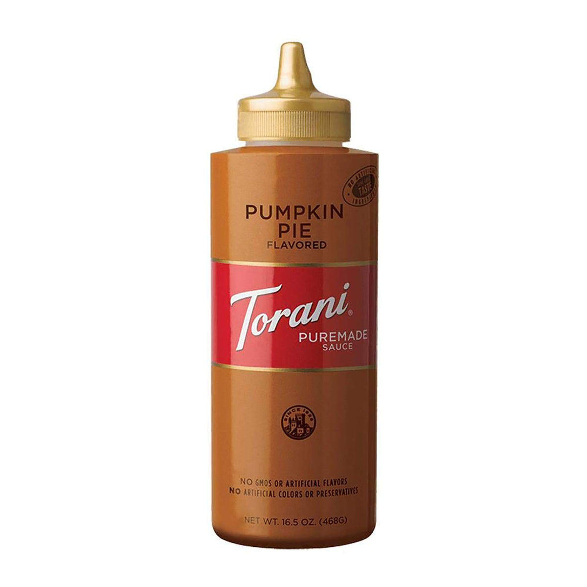 Torani Puremade Pumpkin Pie Sauce bottle for cozy lattes.