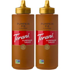 Torani Puremade Pumpkin Pie Sauce bottle close-up highlighting rich pumpkin spice flavor.
