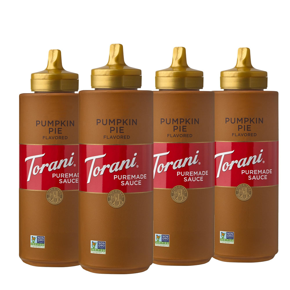 Torani Puremade Pumpkin Pie sauce pack front, ideal for seasonal dessert setups.