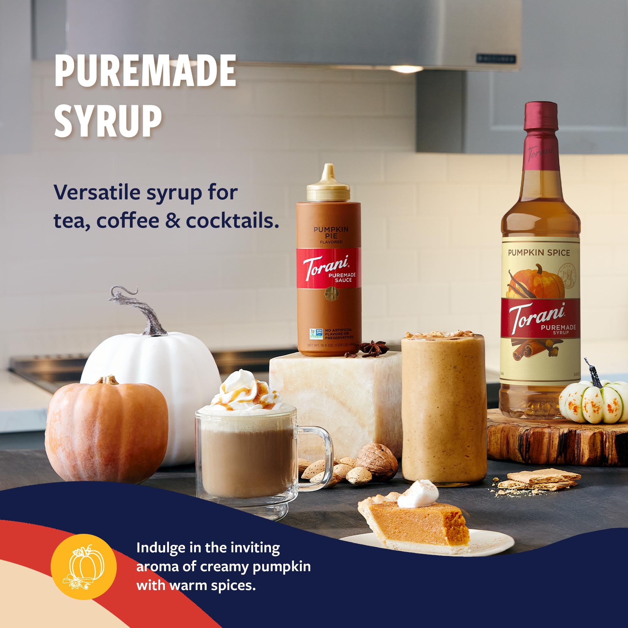 Torani Puremade Pumpkin Spice Syrup with a coffee mug scene