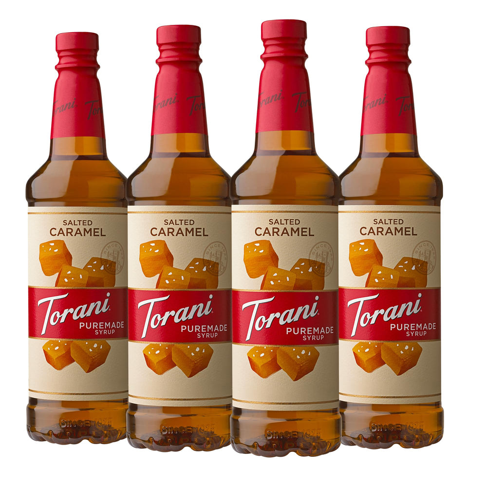 Torani Puremade Salted Caramel syrup bottle adds rich caramel flavor to lattes