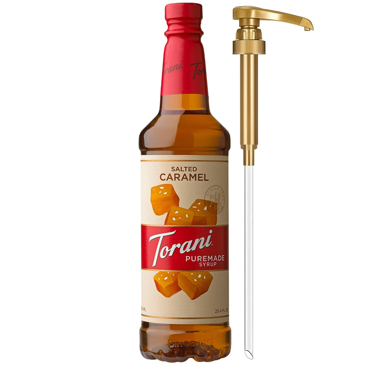 Torani Puremade Salted Caramel Syrup bottle front view for home flavoring