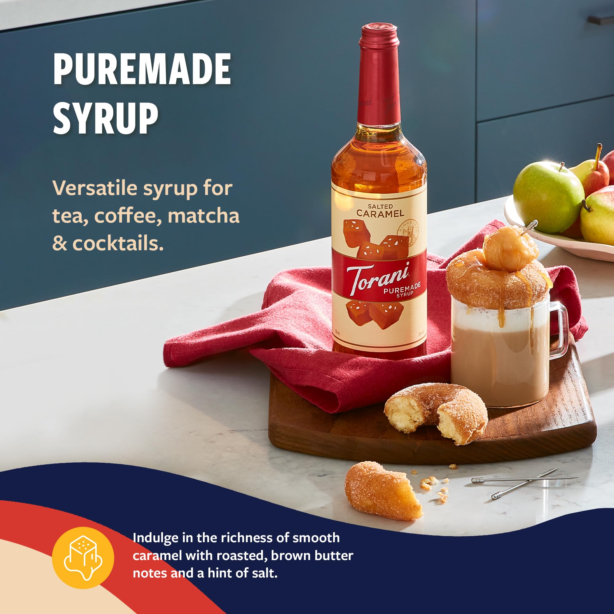 Torani Puremade Salted Caramel Syrup with coffee cup pairing for espresso drinks
