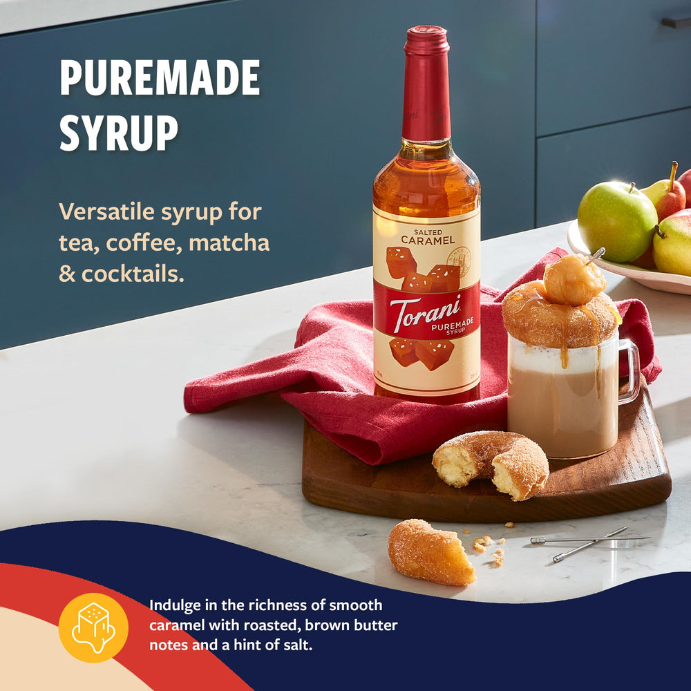 Torani Puremade Salted Caramel Syrup with coffee cup pairing for espresso drinks
