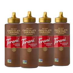 Torani Puremade Salted Chocolate Caramel bottle front label, a premium dessert topping