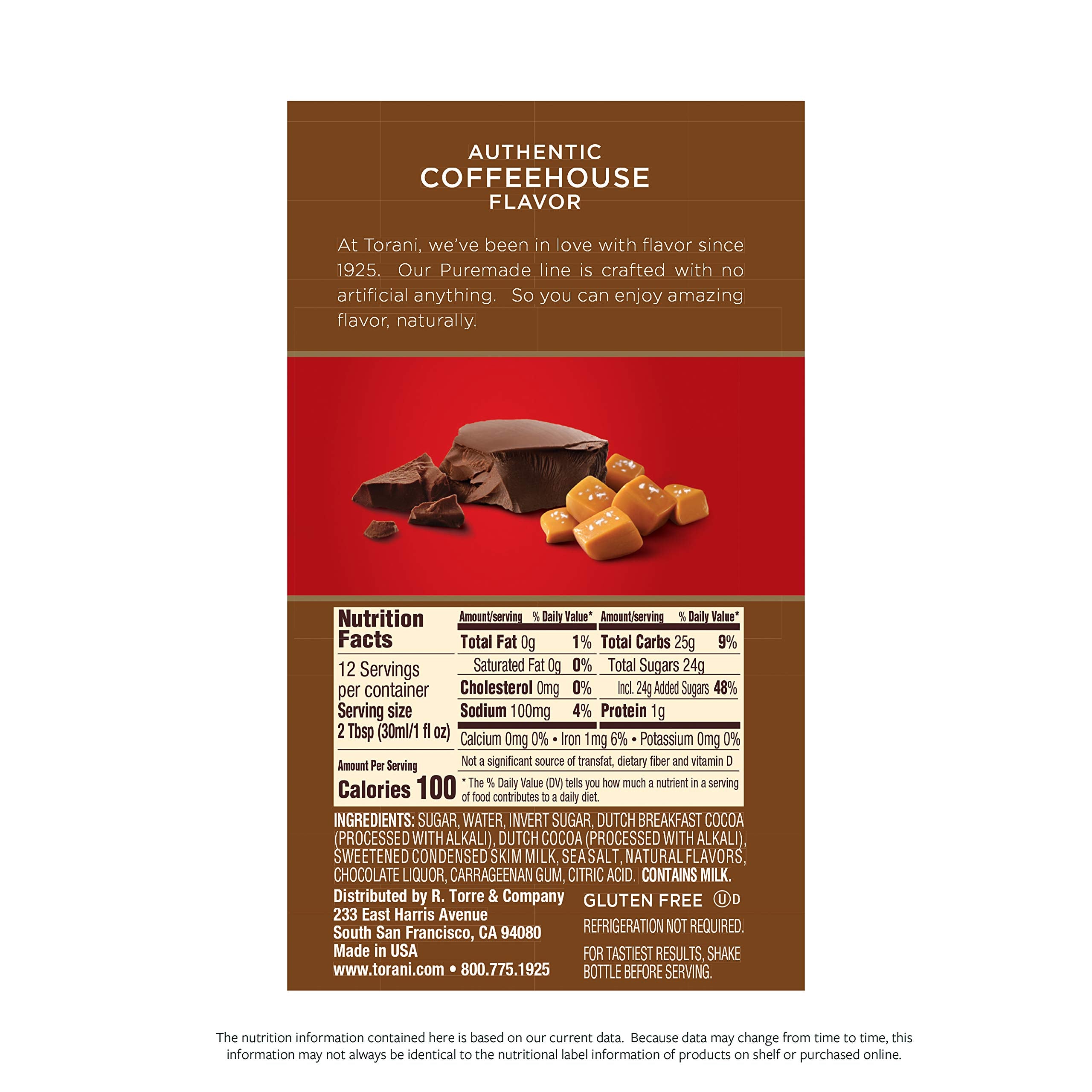 Torani Puremade Salted Chocolate Caramel bottle pour, ideal for ice cream drizzle