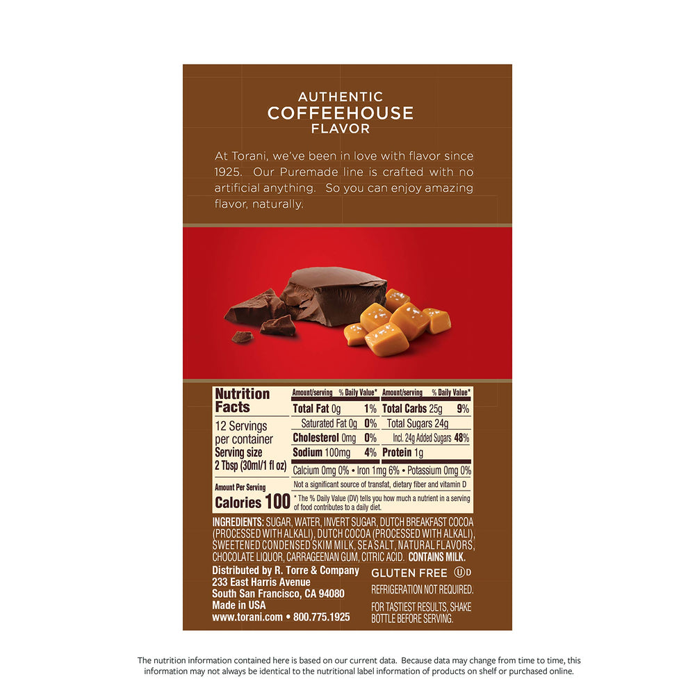 Torani Puremade Salted Chocolate Caramel bottle pour, ideal for ice cream drizzle