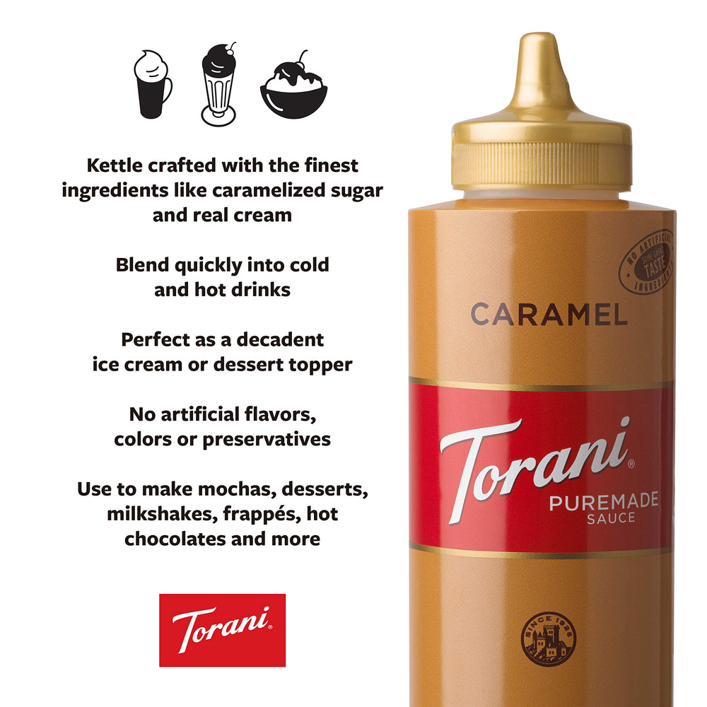 Pack of four Torani Caramel Puremade sauces on a pantry shelf