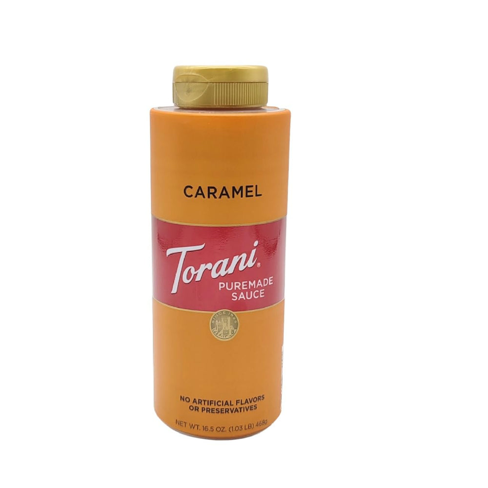 Caramel drizzle in a foamy coffee drink using Torani Puremade