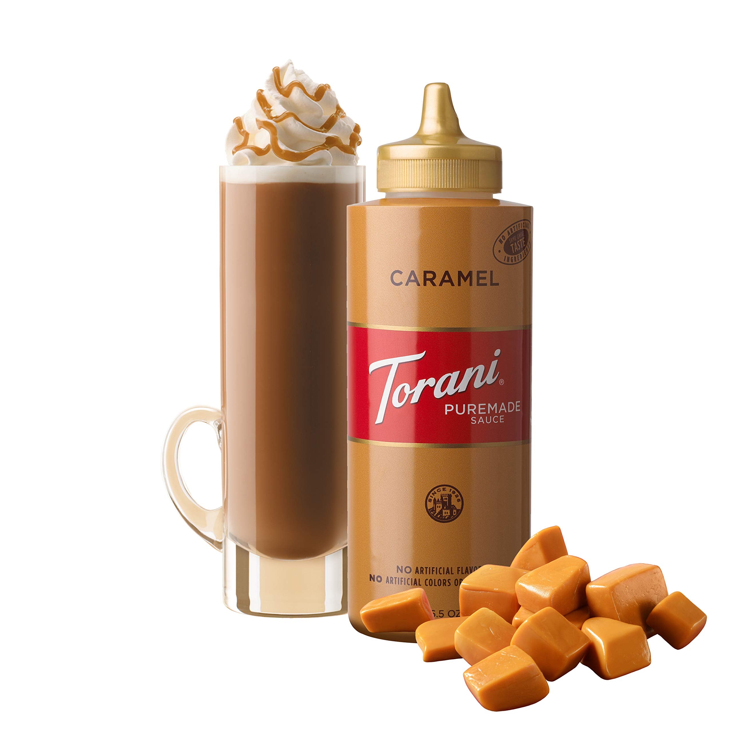 Torani caramel sauce on a decadent dessert plate