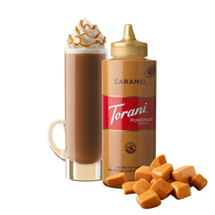 Torani caramel sauce on a decadent dessert plate
