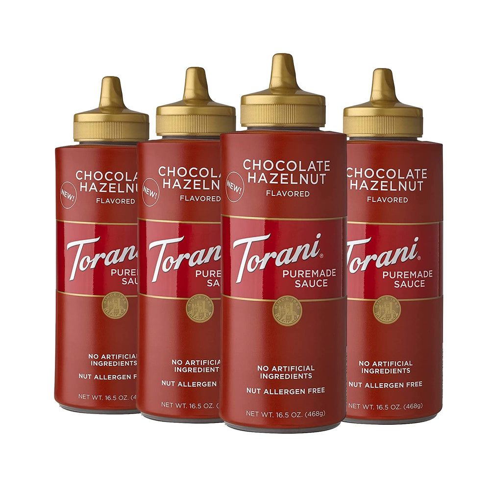 Torani Puremade Chocolate Hazelnut bottle pour shows allergen-free flavor for beverages