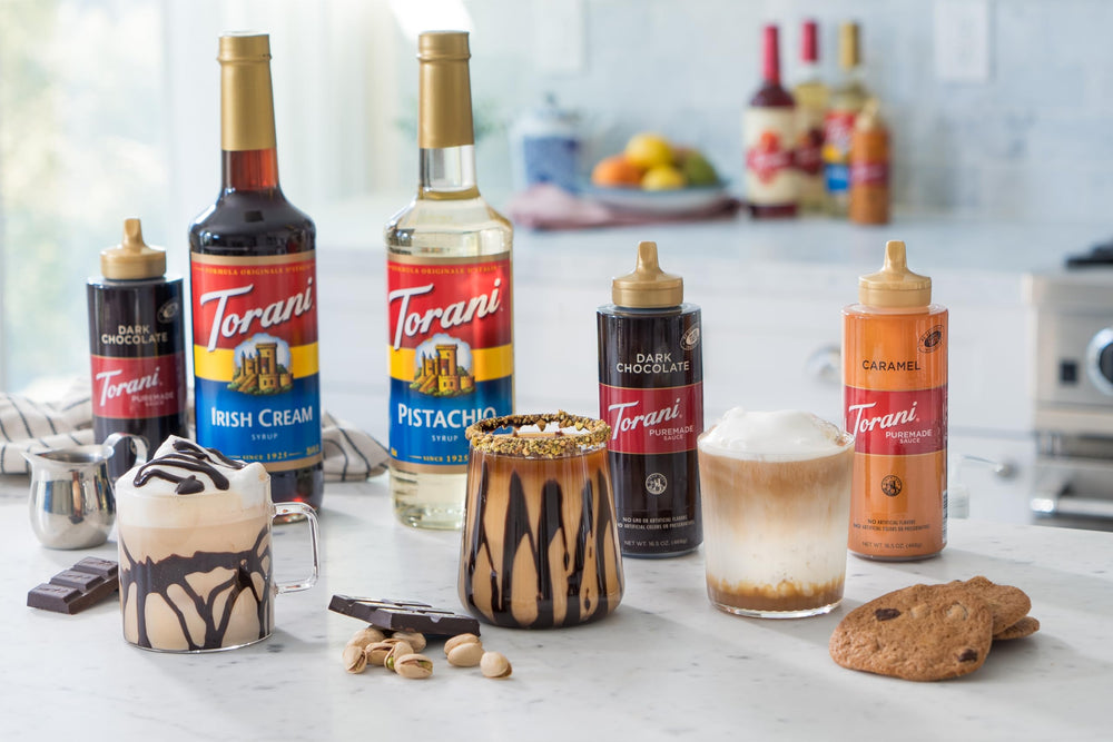 A blended coffee drink featuring Torani Puremade Dark Chocolate Sauce.