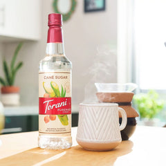 Torani Puremade Cane Sugar syrup coffee station captures authentic cafe sweetness for beverages.