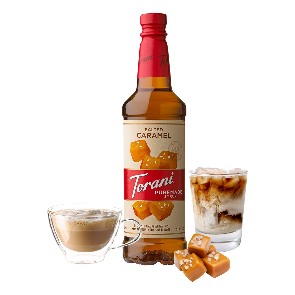 Torani Puremade Salted Caramel syrup pour showcases versatile flavor for coffee, baking, and beverages.