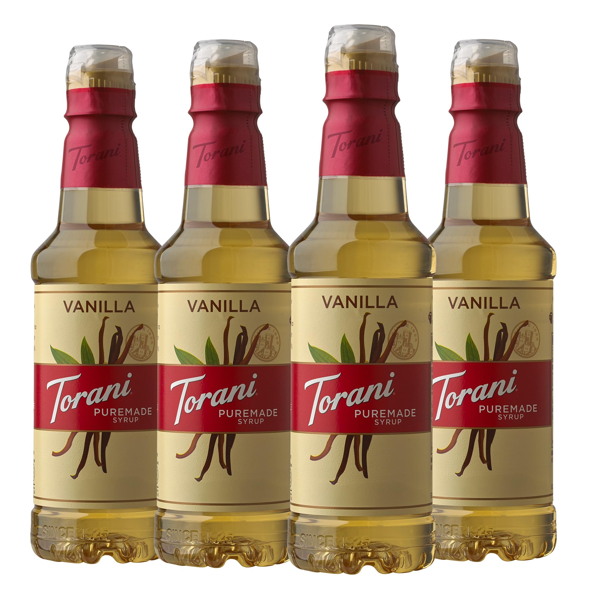 Torani Puremade Vanilla syrup bottle front showing versatile flavor for coffees and desserts
