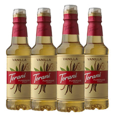 Torani Puremade Vanilla syrup bottle front showing versatile flavor for coffees and desserts