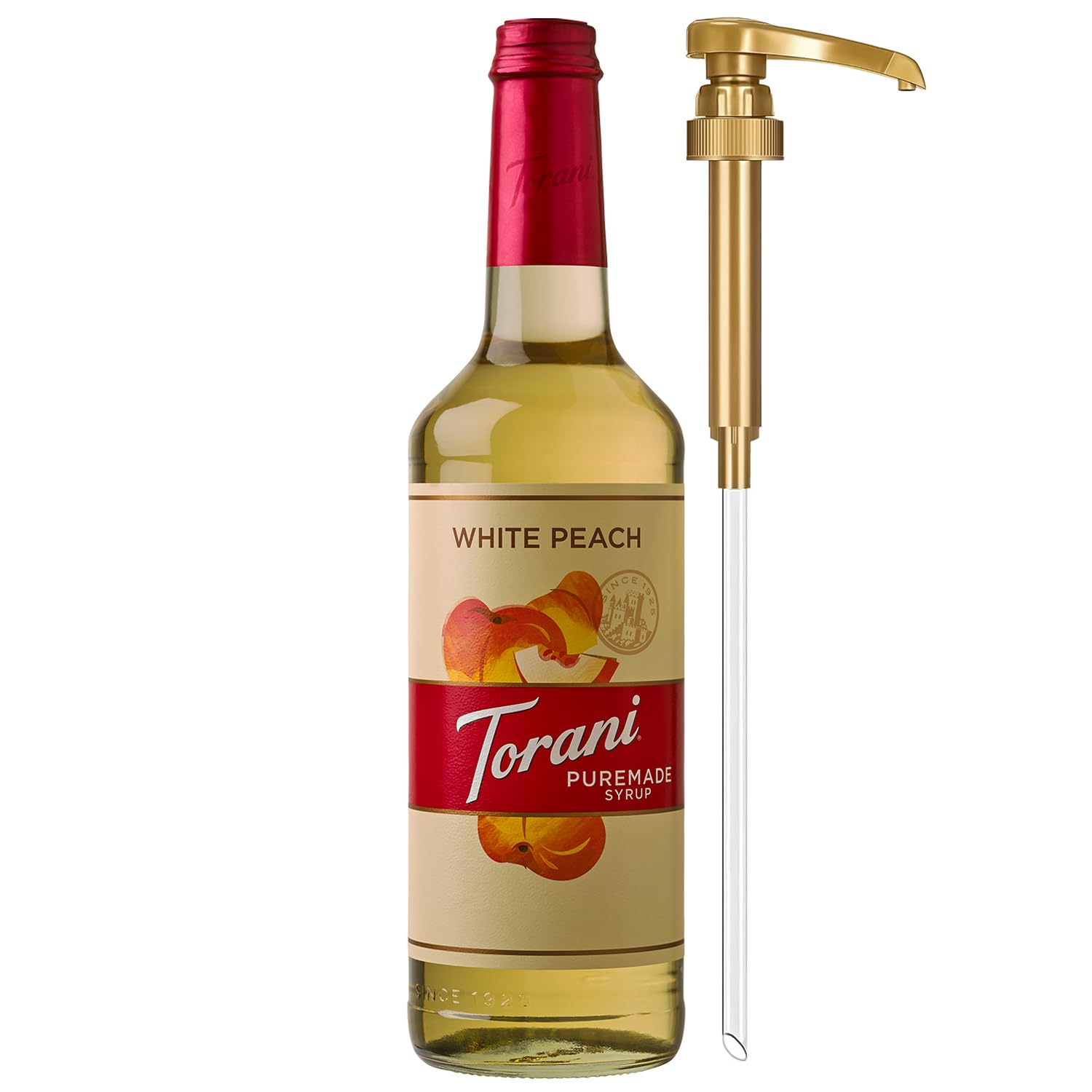 Torani Puremade White Peach Syrup bottle with pump for easy, mess-free flavoring