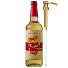 Torani Puremade White Peach Syrup bottle with pump for easy, mess-free flavoring