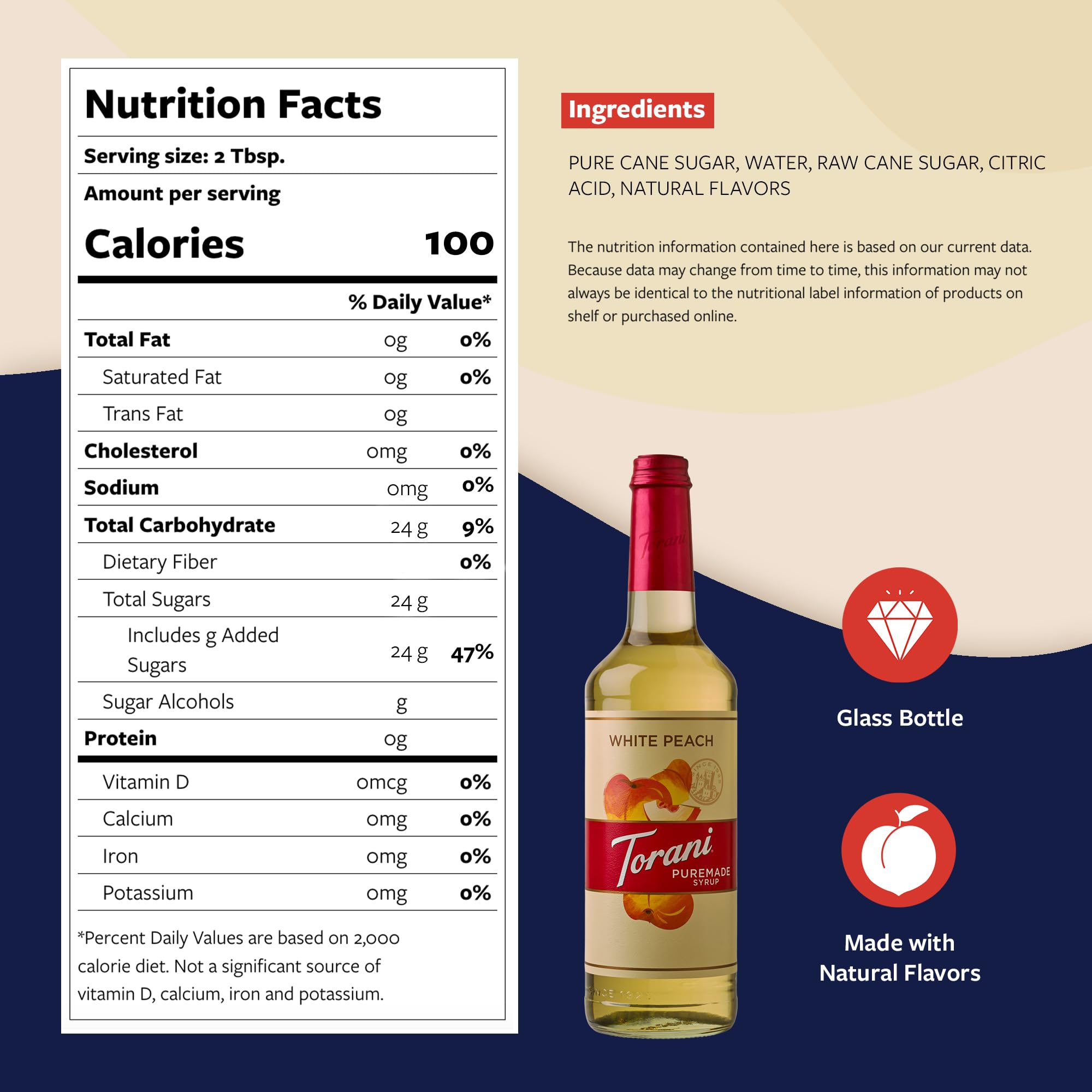 Torani Puremade White Peach Syrup glass bottle close-up highlighting premium packaging