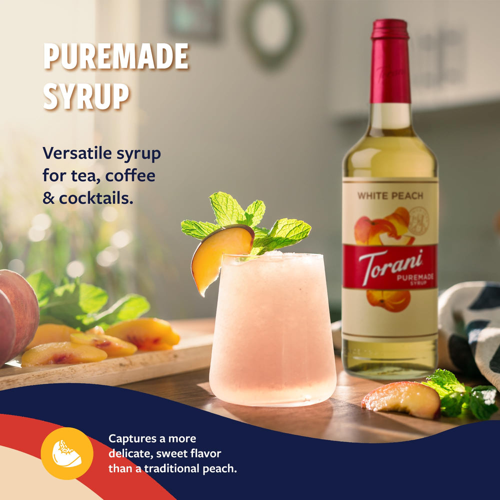 Torani White Peach Syrup on a kitchen counter ready for everyday drinks