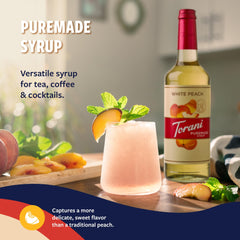 Torani White Peach Syrup on a kitchen counter ready for everyday drinks