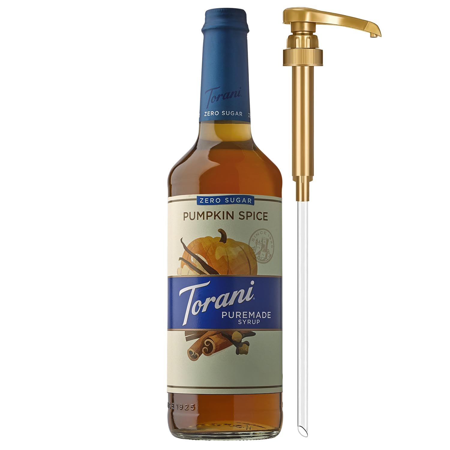 Torani Puremade Zero Sugar Pump Bottle on counter for sugar-free fall drinks