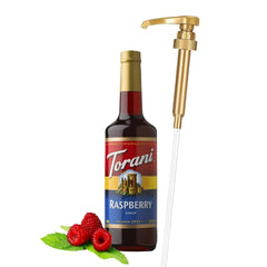 Torani Raspberry Syrup bottle enhances coffee and desserts with bright flavor.