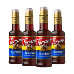 Torani Raspberry Syrup bottle close-up for rich beverage flavor