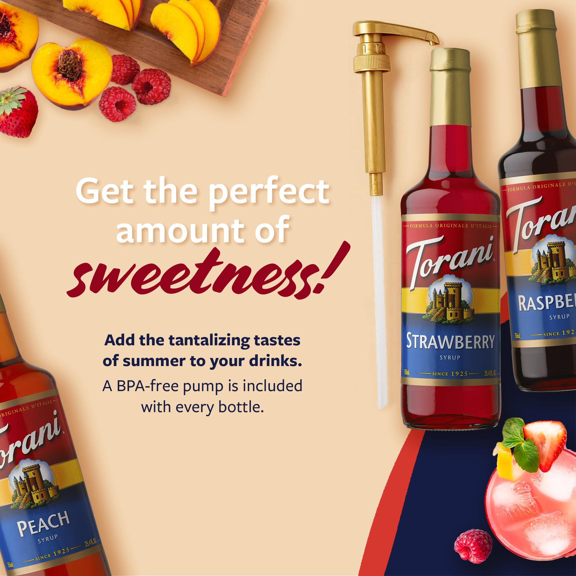 Torani raspberry syrup bottle with pump for berry-forward beverages