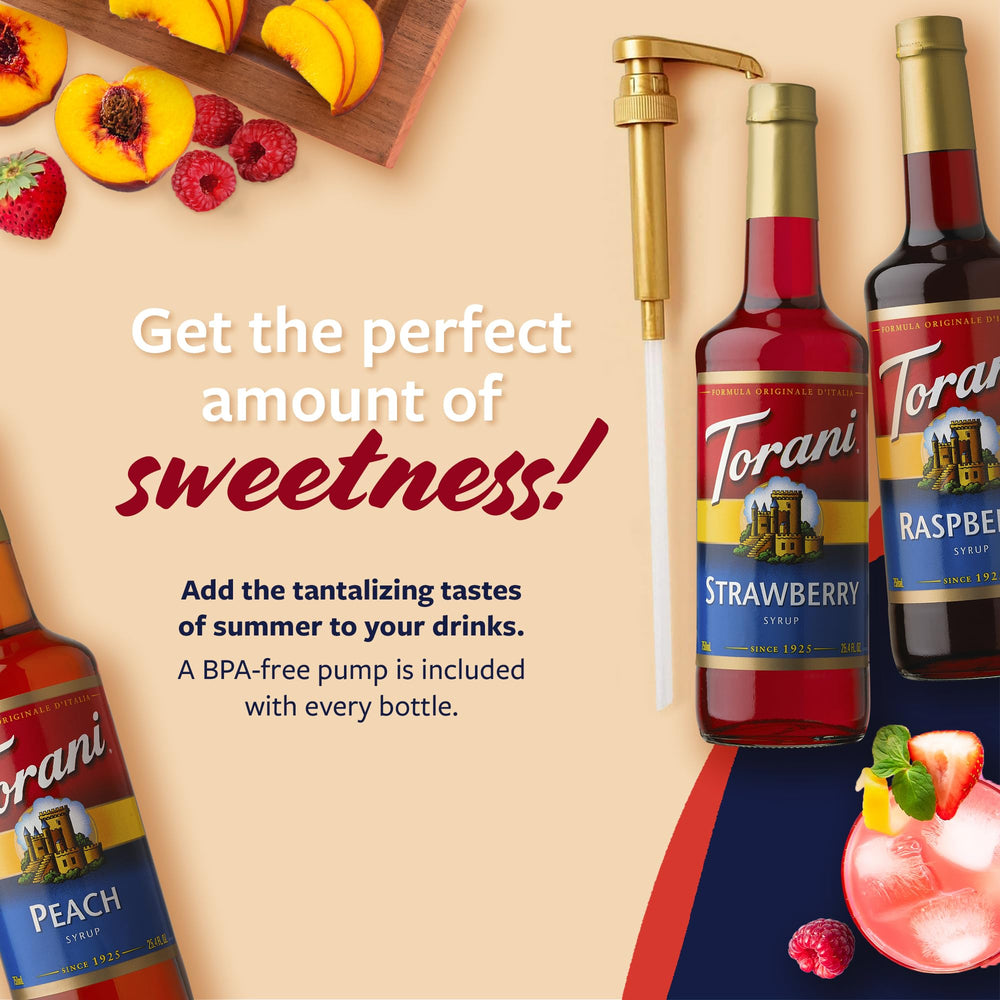 Torani raspberry syrup bottle with pump for berry-forward beverages