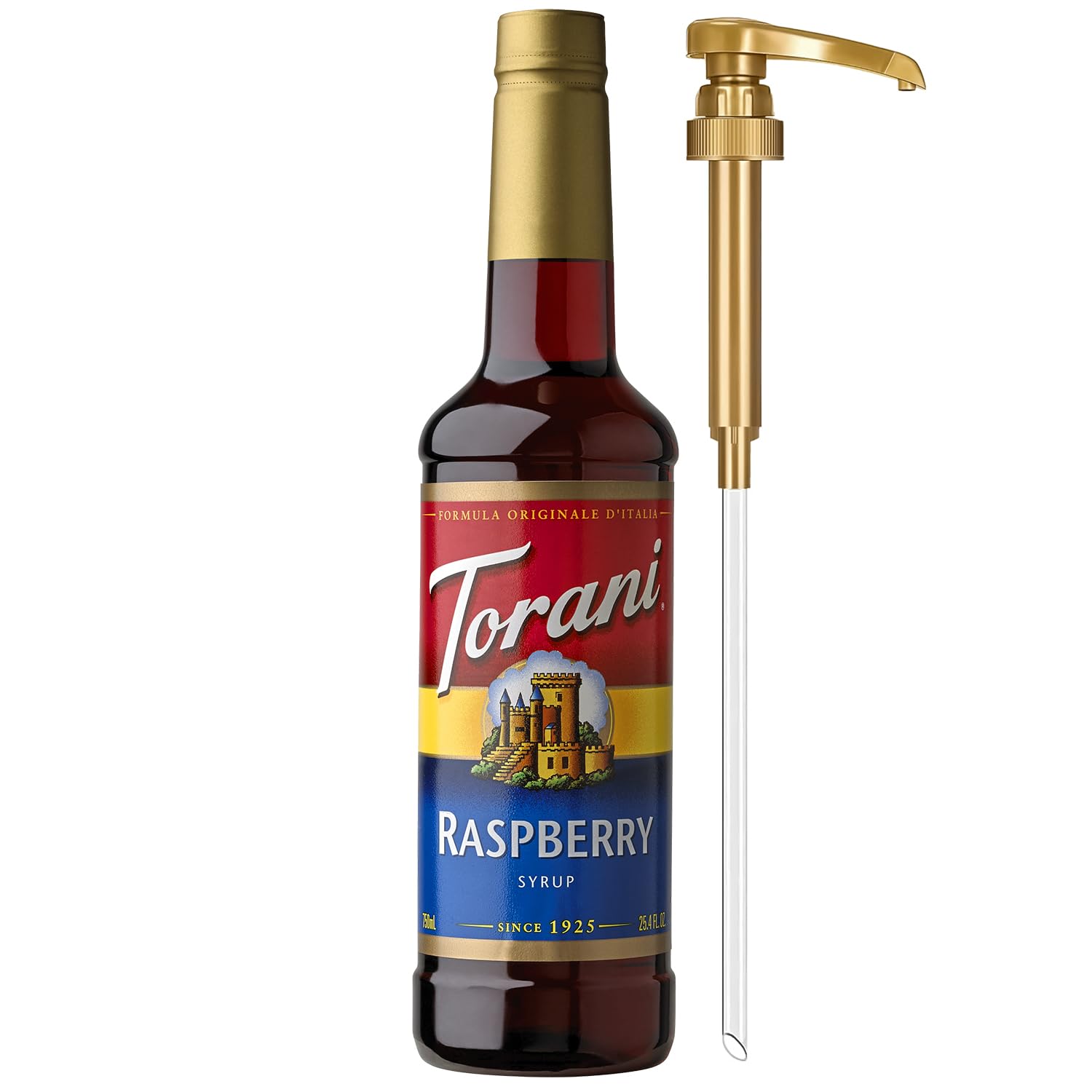 Torani Raspberry Syrup bottle with pump for easy pouring in home drinks.