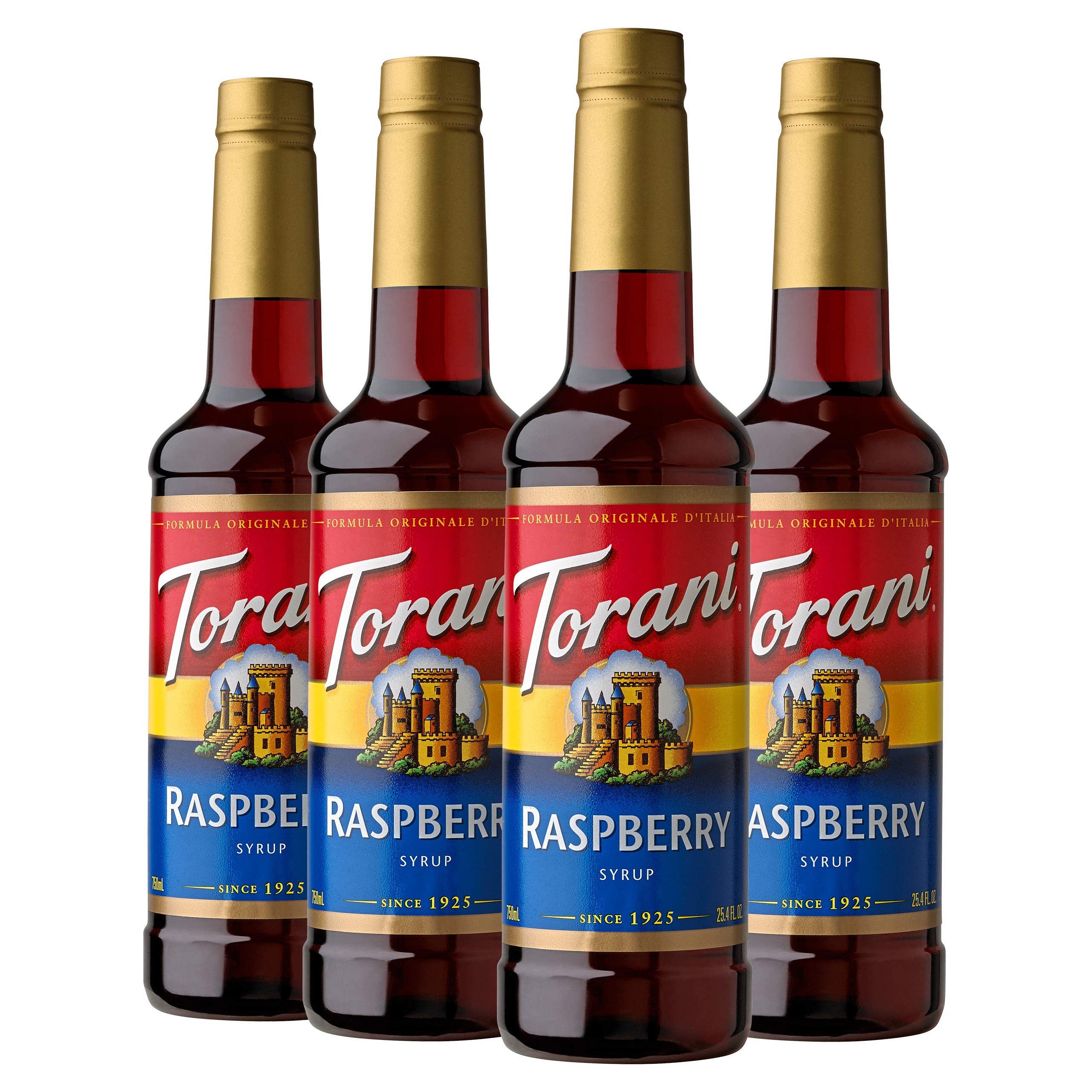 Torani Raspberry Syrup bottle showcases authentic berry flavor for drinks.