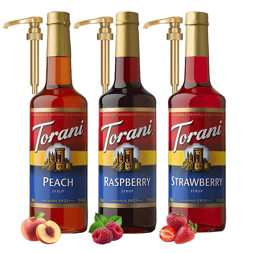 Torani Raspberry Syrup bottle for vibrant Italian sodas and desserts.